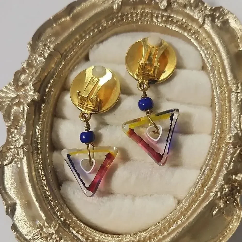 Matte Gold Clip On Earrings with Multicolor Glass Accent Drop